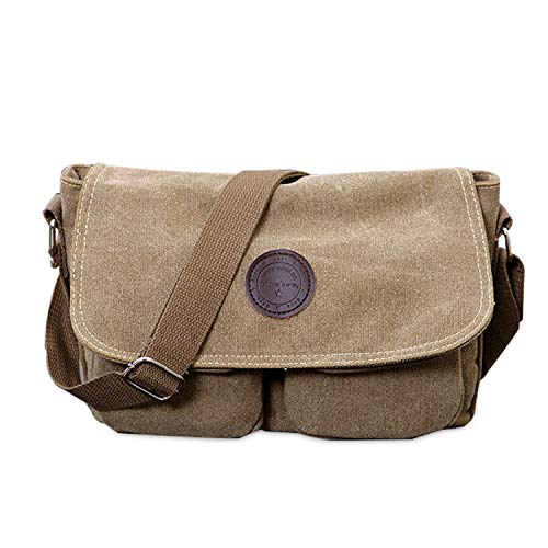 FANDARE Bolsa de Mensajero Bolso de Lona Bolsos Bandolera Unisex Adulto Bolsos Maletín Messenger Bag para el Trabajo la Escuela 7.9 Pulgadas Bolsa de iPad Caqui