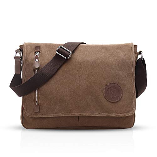 FANDARE Bolso de Bandolera Lona Bolsa Mensajero Bolso de Hombro Bolsos Cruzados para 14 Pulgadas Portátil Mujeres Hombre Shoulder Crossbody Bag para Conmutar Trabajo Viaje Escuela Profesor Marrón