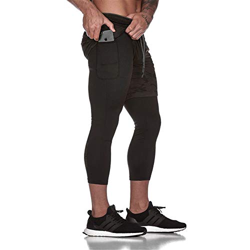 Fansu Pantalón Deportivos Cortos 2 in 1 para Hombre, Verano Running Training Jogging Fitness Shorts Transpirable Secado Rápido Corta Pantalones con Cordón Bolsillos (XL,Camuflaje)