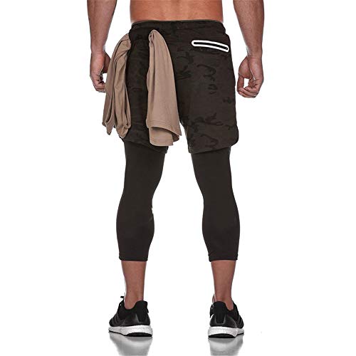 Fansu Pantalón Deportivos Cortos 2 in 1 para Hombre, Verano Running Training Jogging Fitness Shorts Transpirable Secado Rápido Corta Pantalones con Cordón Bolsillos (XL,Camuflaje)