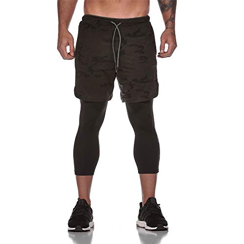 Fansu Pantalón Deportivos Cortos 2 in 1 para Hombre, Verano Running Training Jogging Fitness Shorts Transpirable Secado Rápido Corta Pantalones con Cordón Bolsillos (XL,Camuflaje)