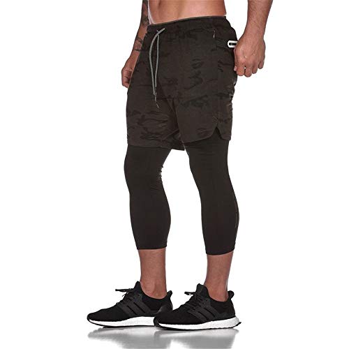 Fansu Pantalón Deportivos Cortos 2 in 1 para Hombre, Verano Running Training Jogging Fitness Shorts Transpirable Secado Rápido Corta Pantalones con Cordón Bolsillos (XL,Camuflaje)