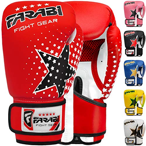 Farabi - guantes de boxeo para niños de 6 oz, guantes de entrenamiento de kickboxing muay thai para entrenamiento de MMA, los mejores guantes para entrenar en saco de boxeo, almohadillas de enfoque para práctica (Red, 6-oz)