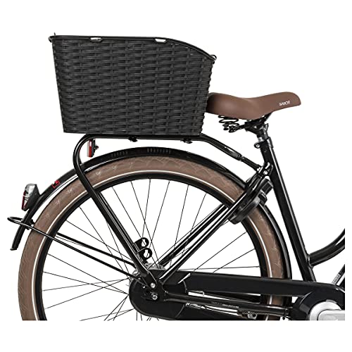 FastRider Cesta de Bicicleta para Portaequipajes 27 litros, Cesta de Mimbre de Plástico para Mochila o la Compra, Incluye Sujeción y Red, Resistente a la Intemperie, Negro