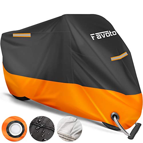 Favoto Funda para Moto Cubierta de la Moto 210D Impermeable Protectora a Prueba de Sol Lluvia Polvo Viento Nieve Excremento de Pájaro al Aire Libre XXL Negro+Naranja