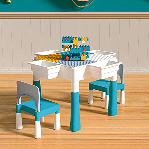 FAYDUDU Juego de Mesa y Silla para niños 5 en 1 Mesa multiactividad con 2 sillas Incluye 120 Bloques de Gran tamaño Juguetes para niños y niñas Juego de Mesa para Jugar y Construir (Verde Azul)