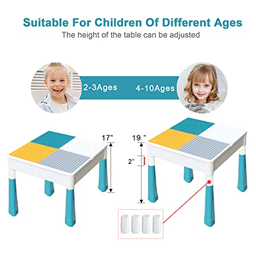 FAYDUDU Juego de Mesa y Silla para niños 5 en 1 Mesa multiactividad con 2 sillas Incluye 120 Bloques de Gran tamaño Juguetes para niños y niñas Juego de Mesa para Jugar y Construir (Verde Azul)