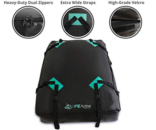 FE Active Portaequipajes Techo Coche - Baca Coche 100% Impermeable de 424L Maletero para Coche Techo Porta Equipaje con Correas Anchas para Viajes Largos por Carretera Camping | Diseñado en California