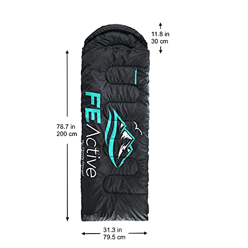 FE Active Saco de Dormir Camping - Extra largo con Capucha, Saco de Dormir Resistente al Agua para Exteriores 3-4 Estaciones, Excursionismo, Trekking, Viajes, Escalada, Cama | Diseñado en California