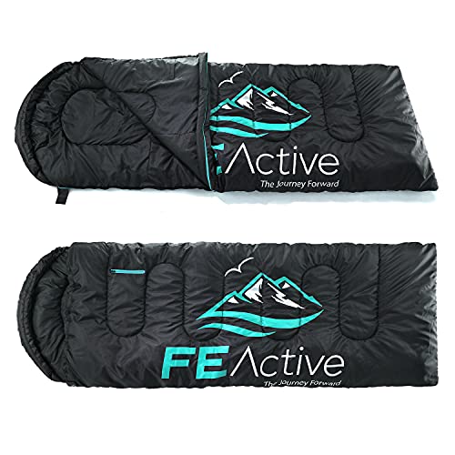 FE Active Saco de Dormir Camping - Extra largo con Capucha, Saco de Dormir Resistente al Agua para Exteriores 3-4 Estaciones, Excursionismo, Trekking, Viajes, Escalada, Cama | Diseñado en California