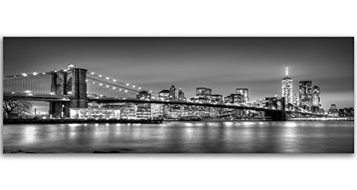 Feeby Frames, Cuadro de pared, Cuadro decorativo, Cuadro impreso, Cuadro Deco Panel, Panorámico 40x118 cm, BLANCO, RASCACIELOS, EDIFICIOS, ARQUITECTURA, AGUA, NEGRO Y EL PUENTE DE BROOKLYN, NUEVA YORK