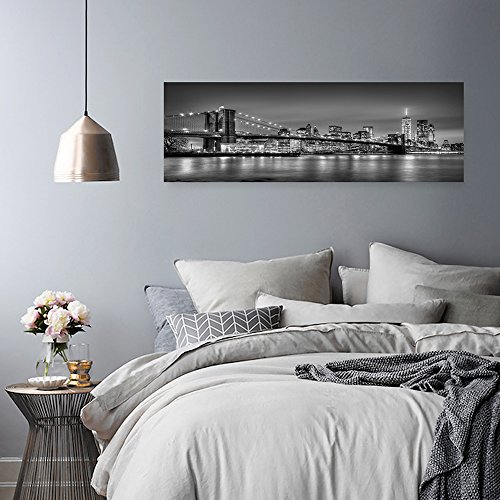 Feeby Frames, Cuadro de pared, Cuadro decorativo, Cuadro impreso, Cuadro Deco Panel, Panorámico 40x118 cm, BLANCO, RASCACIELOS, EDIFICIOS, ARQUITECTURA, AGUA, NEGRO Y EL PUENTE DE BROOKLYN, NUEVA YORK