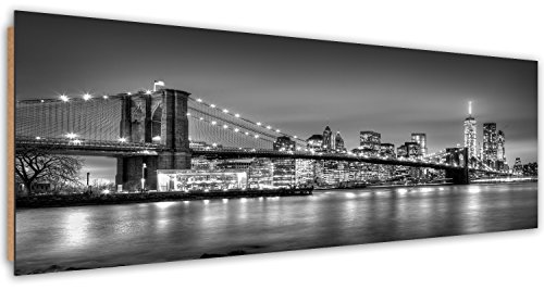 Feeby Frames, Cuadro de pared, Cuadro decorativo, Cuadro impreso, Cuadro Deco Panel, Panorámico 40x118 cm, BLANCO, RASCACIELOS, EDIFICIOS, ARQUITECTURA, AGUA, NEGRO Y EL PUENTE DE BROOKLYN, NUEVA YORK