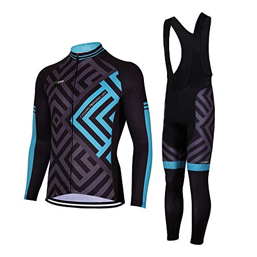 Feilaxleer Ropa Ciclismo Otoño/Invierno/Primavera para Hombre y Mujer - Ciclismo Maillot MTB de Manga Larga y Culotte Pantalones Acolchado 3D (Azul,M)