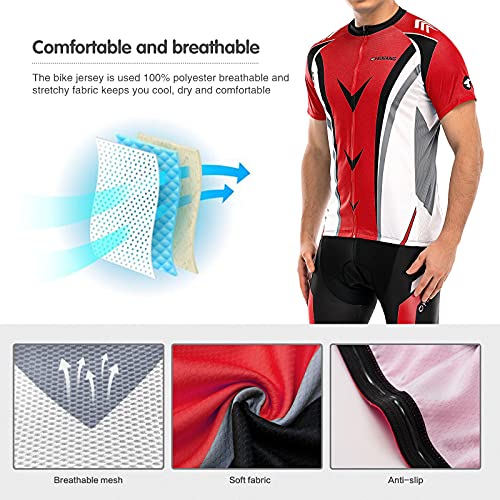 FEIXIANG Conjunto de maillot de ciclismo para hombre, camiseta de manga corta y pantalones cortos con acolchado de gel 4D, transpirable, secado rápido rojo M