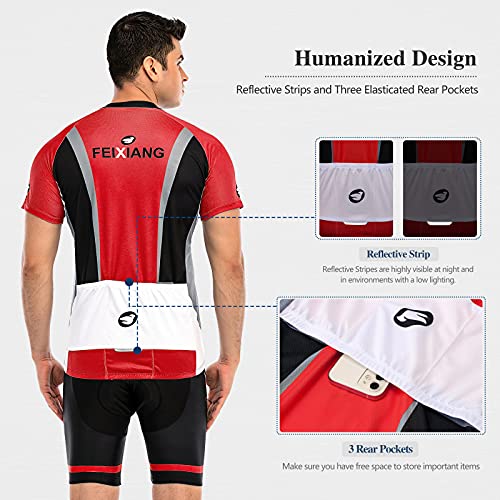 FEIXIANG Conjunto de maillot de ciclismo para hombre, camiseta de manga corta y pantalones cortos con acolchado de gel 4D, transpirable, secado rápido rojo M