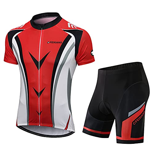 FEIXIANG Conjunto de maillot de ciclismo para hombre, camiseta de manga corta y pantalones cortos con acolchado de gel 4D, transpirable, secado rápido rojo M