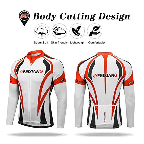 feiXIANG Hombres Ciclismo Jersey, Manga Larga Ciclo Tops Cremallera Completa Transpirable Bicicletas Jerseys de Secado Rápido Mountain Bike Shirt Ciclismo MTB Ropa, Rojo, M