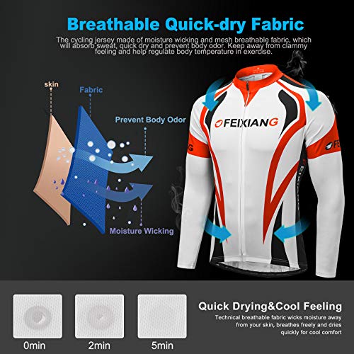 feiXIANG Hombres Ciclismo Jersey, Manga Larga Ciclo Tops Cremallera Completa Transpirable Bicicletas Jerseys de Secado Rápido Mountain Bike Shirt Ciclismo MTB Ropa, Rojo, M