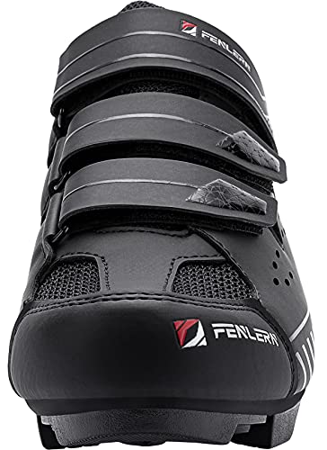 Fenlern Zapatillas de Ciclismo para Hombre,Zapatos de MTB,con Suela de Carbono y Triple Tira de Ajustable de Correa (Roca Negra,EU 42)