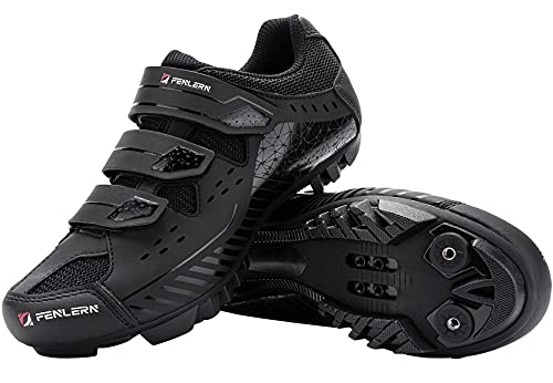 Fenlern Zapatillas de Ciclismo para Hombre,Zapatos de MTB,con Suela de Carbono y Triple Tira de Ajustable de Correa (Roca Negra,EU 42)
