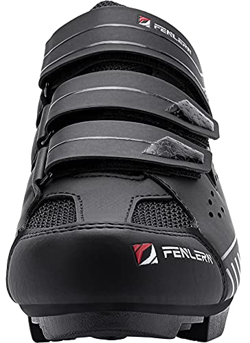 Fenlern Zapatillas de Ciclismo para Hombre,Zapatos de MTB,con Suela de Carbono y Triple Tira de Ajustable de Correa (Roca Negra,EU 43)