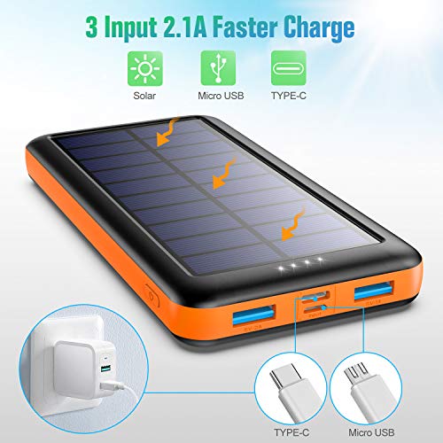 Feob Cargador Solar 26800mah, Power Bank Solar【IC de Control Inteligente】con Entradas de Tipo-C, Micro USB o Paneles Solares, Carga Rápida Batería Externa Universal para Smartphones, Tabletas