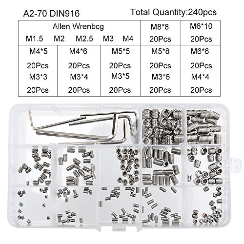FEPITO 240 piezas Cup Point Grub Screw Cabeza hexagonal Juego de tornillos Allen M3 M4 M5 M6 M8 con llave Allen pequeña M1.5 M2 M2.5 M3 M4 Surtidos de fijación de acero inoxidable Kits
