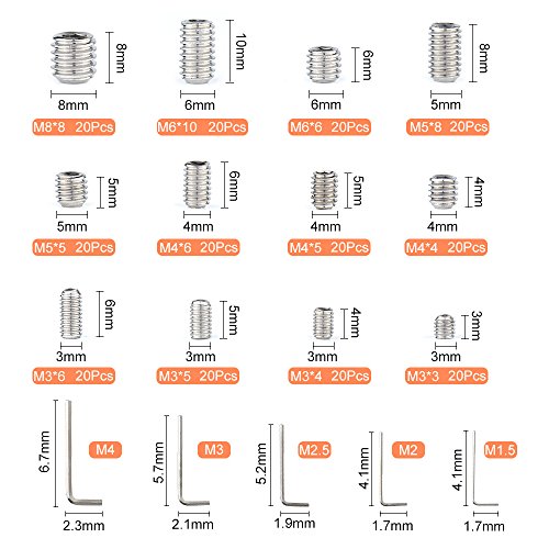 FEPITO 240 piezas Cup Point Grub Screw Cabeza hexagonal Juego de tornillos Allen M3 M4 M5 M6 M8 con llave Allen pequeña M1.5 M2 M2.5 M3 M4 Surtidos de fijación de acero inoxidable Kits