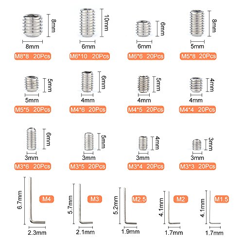 FEPITO 240 piezas Cup Point Grub Screw Cabeza hexagonal Juego de tornillos Allen M3 M4 M5 M6 M8 con llave Allen pequeña M1.5 M2 M2.5 M3 M4 Surtidos de fijación de acero inoxidable Kits