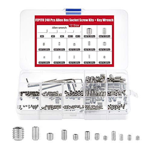 FEPITO 240 piezas Cup Point Grub Screw Cabeza hexagonal Juego de tornillos Allen M3 M4 M5 M6 M8 con llave Allen pequeña M1.5 M2 M2.5 M3 M4 Surtidos de fijación de acero inoxidable Kits