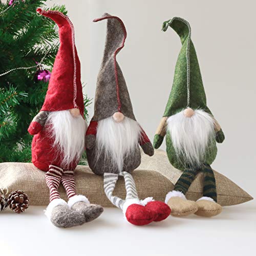 Fettinow Juego de 3 gnomos de Navidad, gnomo, Adornos navideños, Hecho a Mano, escandinavo, para decoración de la casa, Adornos de Papá Noel para Navidad, Materiales Premium, Verde, Rojo, Gris