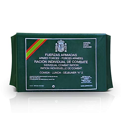 FFAA Comida Militar Española MRE Ración Individual de Combate Fuerzas Armadas España. Alimento de Superviviencia, Camping, Acampada, Kit de Emergencias. Diferentes Menus Aleatorio Tipo A