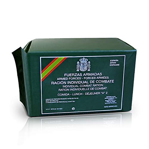 FFAA Comida Militar Española MRE Ración Individual de Combate Fuerzas Armadas España. Alimento de Superviviencia, Camping, Acampada, Kit de Emergencias. Diferentes Menus Aleatorio Tipo A