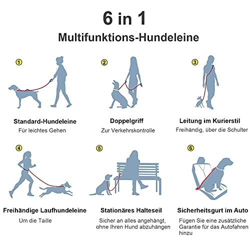 Fida Correa para perros, 1,4 m ~ 2,1 m, 6 en 1, multifunción, con cinturón abdominal ligero, para correr y montar en bicicleta, con cinturón ajustable (rojo)