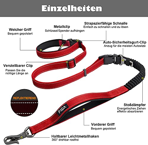 Fida Correa para perros, 1,4 m ~ 2,1 m, 6 en 1, multifunción, con cinturón abdominal ligero, para correr y montar en bicicleta, con cinturón ajustable (rojo)