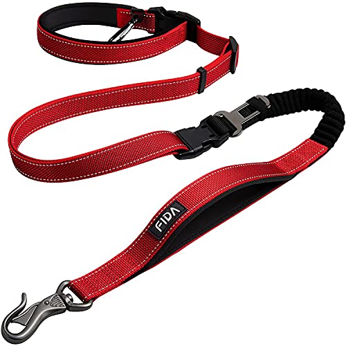 Fida Correa para perros, 1,4 m ~ 2,1 m, 6 en 1, multifunción, con cinturón abdominal ligero, para correr y montar en bicicleta, con cinturón ajustable (rojo)