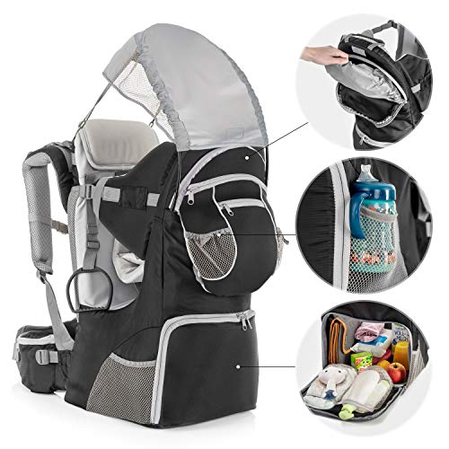 Fillikid - Mochila Portabebés Espalda con protección solar, cinturón, compartimentos almacenaje y mochila extraíble - Silla Senderismo para bebés y niños pequeños hasta 18 kg - Gris