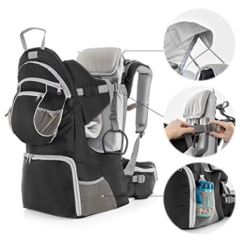 Fillikid - Mochila Portabebés Espalda con protección solar, cinturón, compartimentos almacenaje y mochila extraíble - Silla Senderismo para bebés y niños pequeños hasta 18 kg - Gris