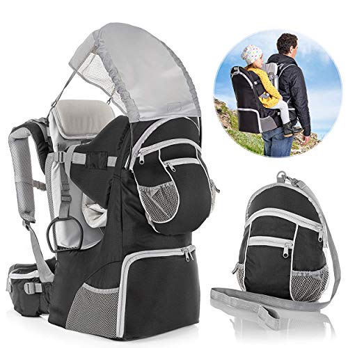 Fillikid - Mochila Portabebés Espalda con protección solar, cinturón, compartimentos almacenaje y mochila extraíble - Silla Senderismo para bebés y niños pequeños hasta 18 kg - Gris