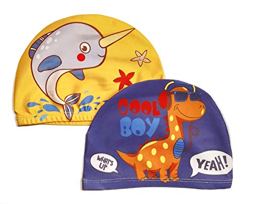 Filo Fuchs Juego de 2 Gorros de baño para niños (Edad: 3 – 10 años) – Dino y Ballena – 100% Nailon y 0% Ziepen