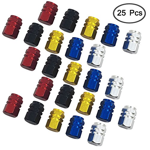 FineGood - Tapones de válvula de aleación de aluminio. Válvula de neumático para evitar fugas de aire para coche, moto, camión, bicicleta. Color dorado, plateado, rojo, azul y negro. 25 uds.