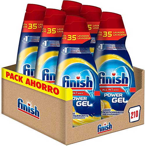 Finish All in 1 Max Power Gel Limón Desengrasante Detergente Gel para el Lavavajilla, 6 unidades - 210 lavados