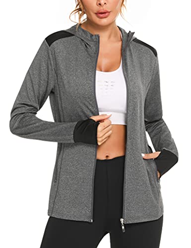 Fipput Sudaderas Mujer con Capucha y Cremallera Chaqueta Deportiva Mujer Running Sudadera de Mujer con Bolsillos con Cremallera Sudadera Mujer Lisa para Correr Gym Yoga ​Fitness - Negro L