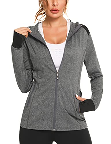 Fipput Sudaderas Mujer con Capucha y Cremallera Chaqueta Deportiva Mujer Running Sudadera de Mujer con Bolsillos con Cremallera Sudadera Mujer Lisa para Correr Gym Yoga ​Fitness - Negro L