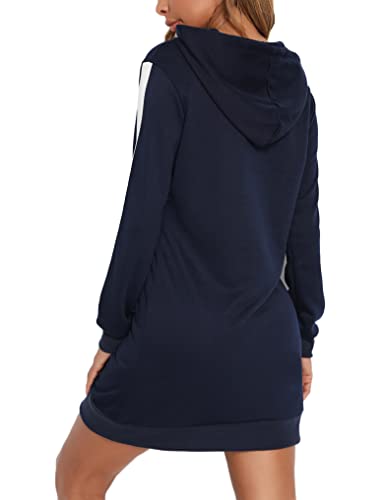 Fipput Vestido Sudadera Mujer Sudaderas Mujer con Capucha de Manga Larga Sudadera Larga Mujer Vestido con Capucha Mujer Hoodie Mujer con Bolsillo,Azul Marino,M