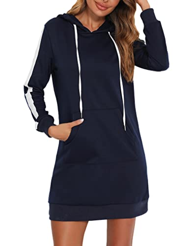 Fipput Vestido Sudadera Mujer Sudaderas Mujer con Capucha de Manga Larga Sudadera Larga Mujer Vestido con Capucha Mujer Hoodie Mujer con Bolsillo,Azul Marino,M