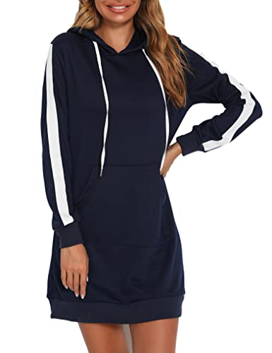 Fipput Vestido Sudadera Mujer Sudaderas Mujer con Capucha de Manga Larga Sudadera Larga Mujer Vestido con Capucha Mujer Hoodie Mujer con Bolsillo,Azul Marino,M