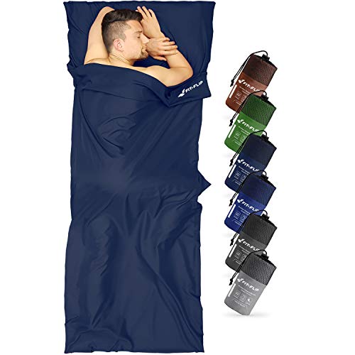 Fit-Flip Sábana para Saco de Dormir Ligero, Sábana de Viaje también como Saco de Dormir de Seda, Saco de Dormir de Verano con Cremallera, Forros de Saco de Dormir de algodón - Color: Azul Oscuro