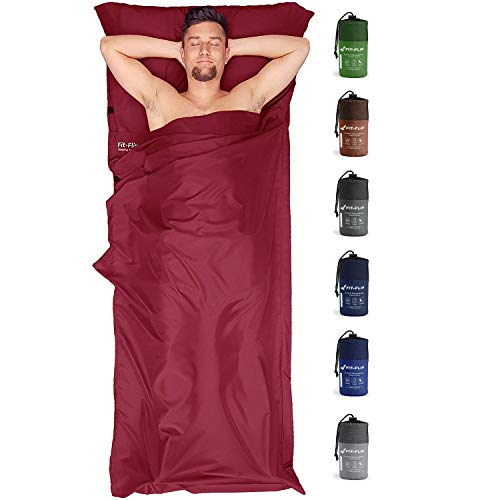 Fit-Flip Sábana Saco de Dormir Ultraligero, Forro de Saco de Dormir de Microfibra con Compartimiento de Almohada añadido, Saco sábana Tambien como Forro de Saco de Dormir - Color: vinotinto